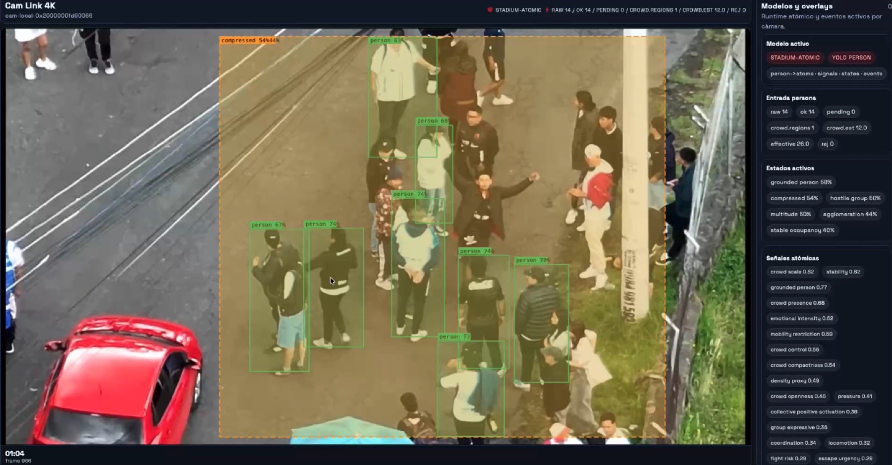 Interfaz de Sentinel AI con modelos atómicos y overlays de detección