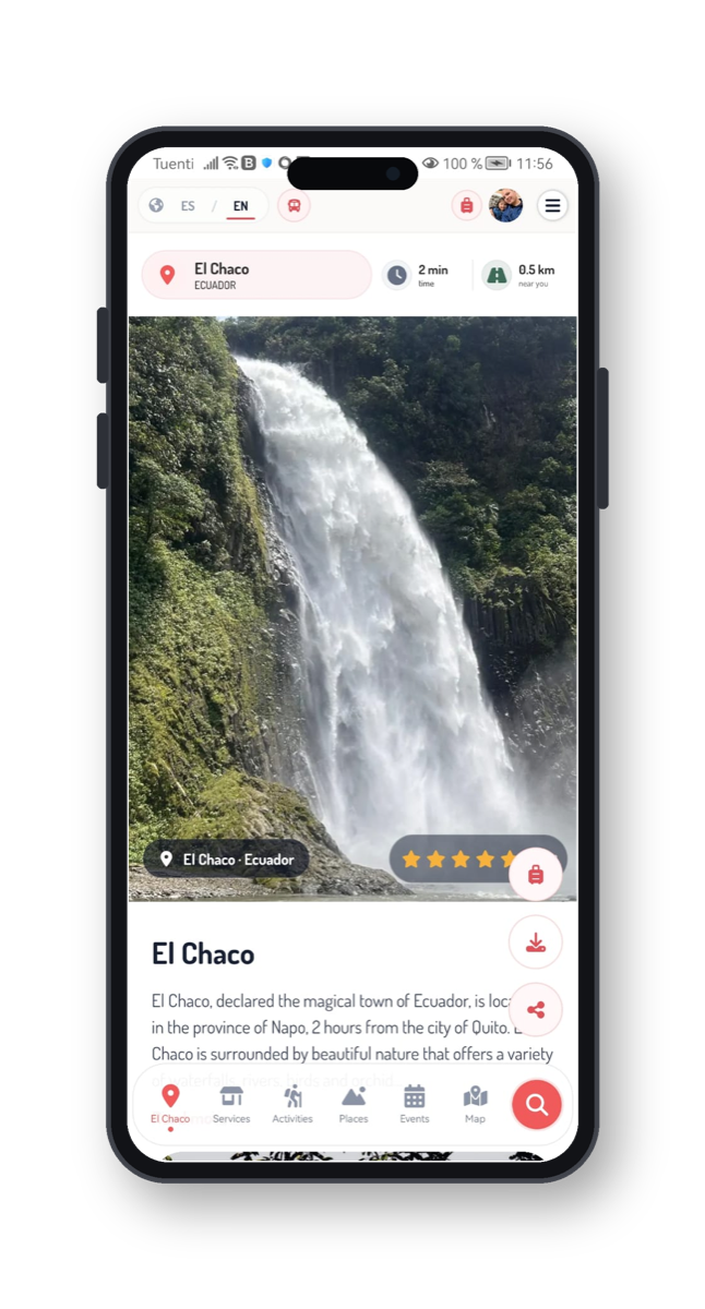 Mockup móvil de Tugono mostrando la ficha de un destino