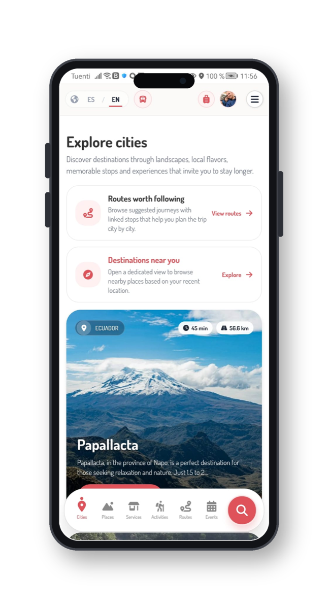 Mockup móvil de Tugono para explorar ciudades y destinos