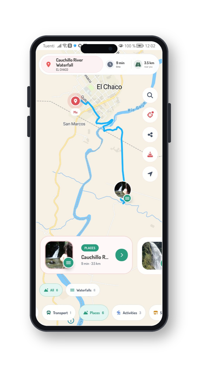 Mockup móvil de Tugono con mapa y ruta turística
